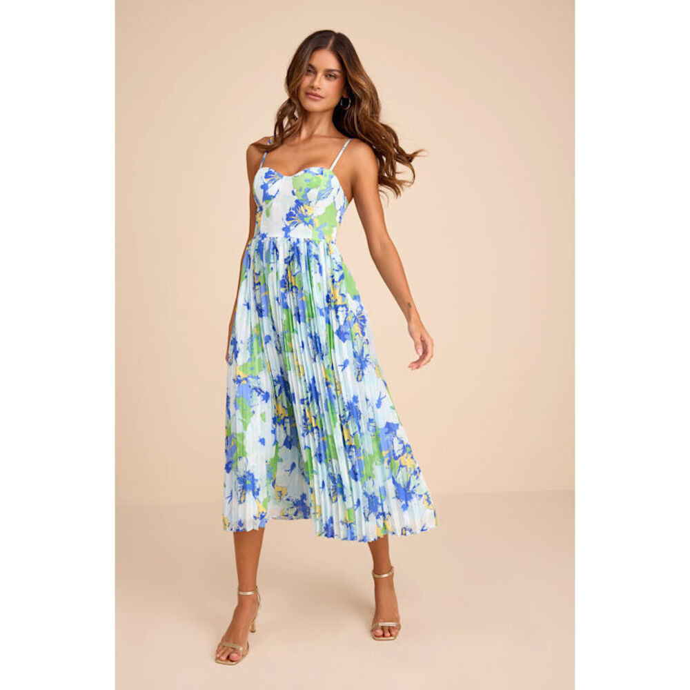Lulus Dorothy Light Blue Multi Floral Print Pleated Midi Dress - Size M